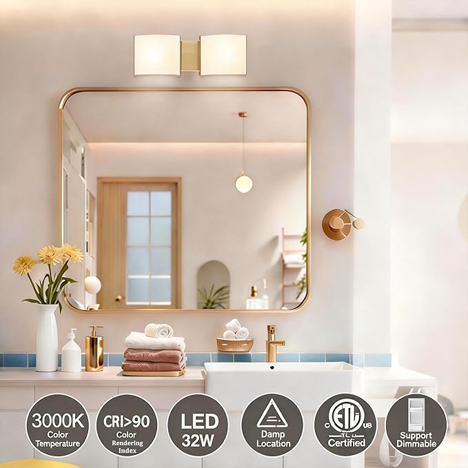 19in LED Bathroom Wall Sconce Lights, 2-Light Vanity Lights, Bathroom Wall Decro Lighting, Indoor Light Fixtures with Premuim Acrylic Shade for Hallway Bedroom Living Room Wall Dero, Gold