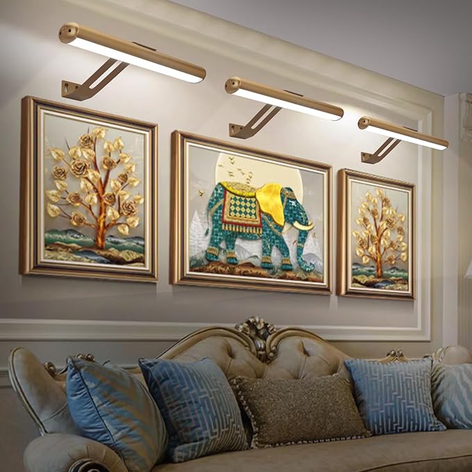 Picture Light, Rechargeable Picture Light for Paintings with Remotes, Wireless Picture Frame Light, 3 Lighting, 300LM Battery Operated Art Light for Display, Picture-Gold