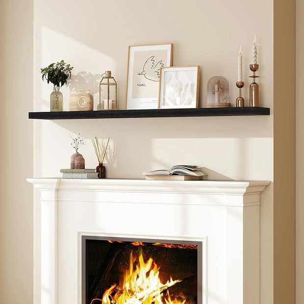 Fun Memories 66 Inch Fireplace Mantel Shelf with Invisible Bracket, 8 Inch Deep Floating Shelf for Living Room, Kitchen, Farmhouse, Black (2-Pack)