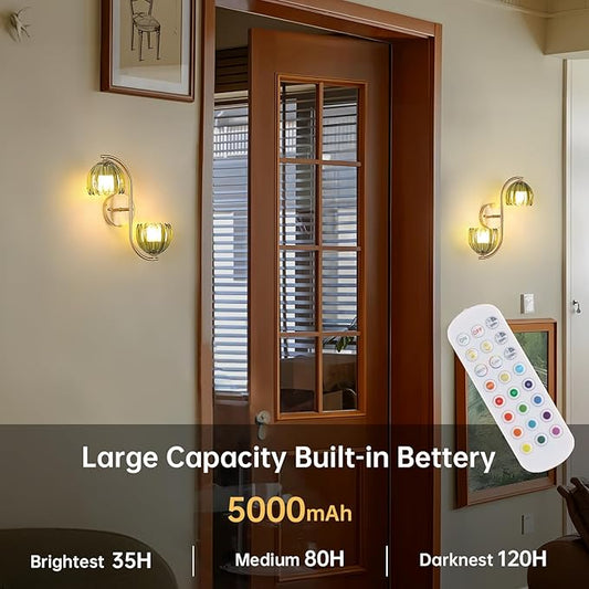 Battery Operated Wall Sconce, 2-Lights Vinatge Brass Wall Lighting Up and Down with Green Tulip Shade for Living Room, Bedroom, Symmetrical 2 Pack
