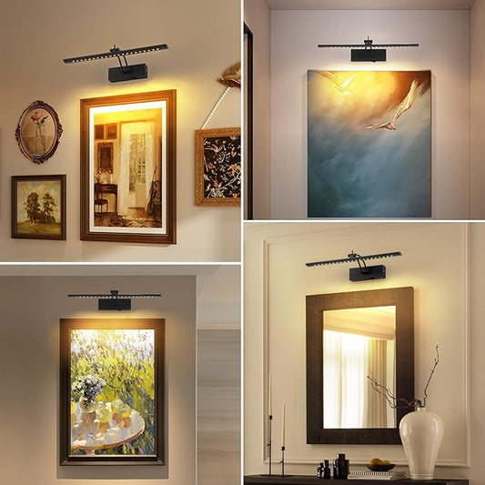 Battery Operated Picture Light with Remote, 16" Wireless LED Art Light Rechargeable 5000mAh, Dimmable Painting Light for Wall, 3000K Warm White, Adjustable Swing Arm Metal Display Light, Black