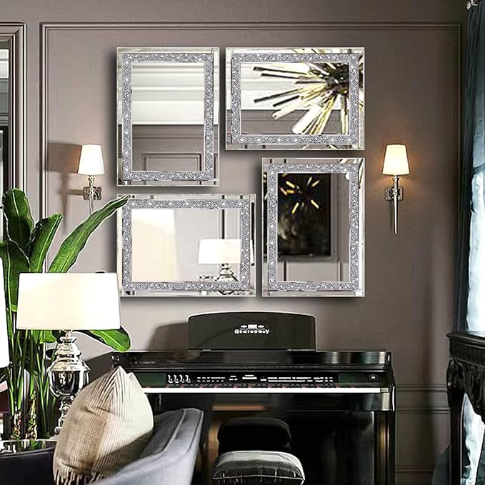 Meetart Crystal Crush Diamond Silver Mirror 11'' x 15''2 PCS, Frameless Stylish Gorgeous Diamond Decor Glam Glass Mirror. for Bedroom Bathroom Hanging Mirror Home for Wall Decor.
