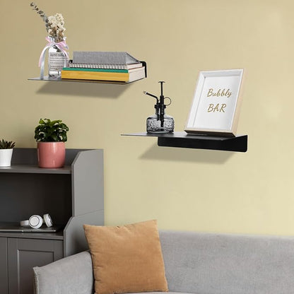 2 Pack Heavy Duty Metal Floating Shelves (12” x 8”) – Industrial Black Wall Mounted Shelves for Modern Home & Office Storage