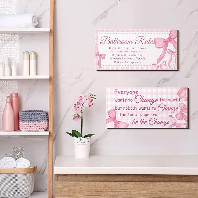 Jetec 2 Pieces Funny Bathroom Signs Bathroom Wall Decor Toilet Wall Accessories Farmhouse Toilet Rustic Wooden Signs, 12x6 Inch(Pink Bow Style)