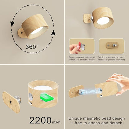 Battery Operated Wall Sconces Set of 2, Magnetic Cordless LED Wall Lights with 3 Color Temp & Dimmable Touch Control, 360° Rotating Rechargeable Wall Lamp, Reading Light for Bedroom & Bedside
