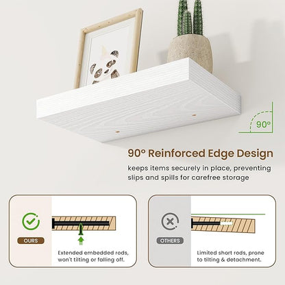 16 Inch Floating Shelves, 9.3" Deep Floating Shelf Wall Mounted, 16" Wall Shelves, Rustic Deep Bookshelf, Large Display Shelves & Storage Shelves for Bedroom, Living Room, White, Set of 2