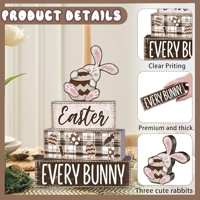 DIYDEC 4Pcs Easter Tabletop Decorations Rabbit Wooden Block Signs Bunny Tiered Tray Decor Happy Easter Centerpiece Farmhouse Wood Bunny Table Sign for Kitchen Home Office Party Decor