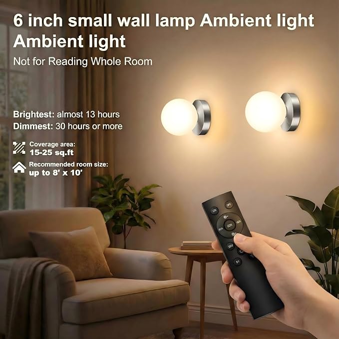 Battery Operated Wall Sconce Set of 2, Dimmable Wireless Brushed Nickel Wall Lamp with 14000mAh Rechargeable Battery, Portables Cordless Wall Light Fixtures for Painting Living Room Bedroom