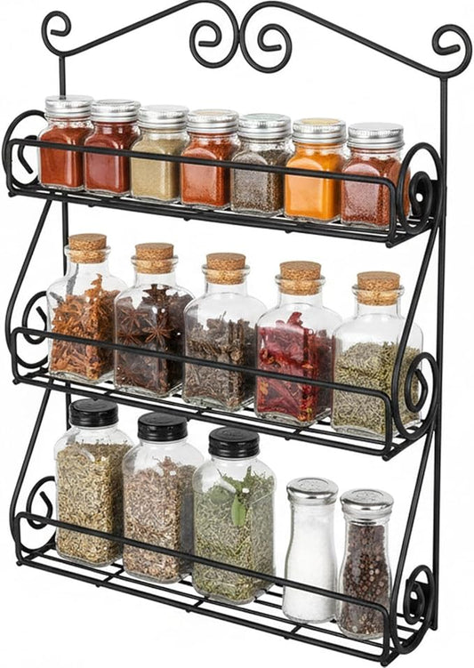 FitWell Scroll Wall Mount Spice Rack, 3-Tier, Traditional Spice Rack Cabinet & Kitchen, Beauty & Nail Polish Organizer for Bathroom, Scroll Wall-Mounted (Black)