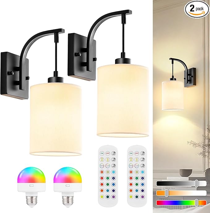Battery Operated Wall Sconces Set of 2, Black Rechargeable Wall Sconces with Remote & Bulbs, Indoor Not Hardwired Wall Lights, 15 Colors Dimmable Cordless Wall Lamps for Living Room Bedroom Hallway
