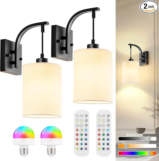 Battery Operated Wall Sconces Set of 2, Black Rechargeable Wall Sconces with Remote & Bulbs, Indoor Not Hardwired Wall Lights, 15 Colors Dimmable Cordless Wall Lamps for Living Room Bedroom Hallway
