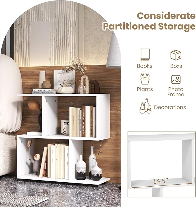 Tangkula 2 Tier Geometric Bookshelf, Freestanding Wood Display Shelf, Home Office Room Divider S Shaped Open Bookcase, Small Bookshelf for Small Spaces, Living Room, Study (White, 2)
