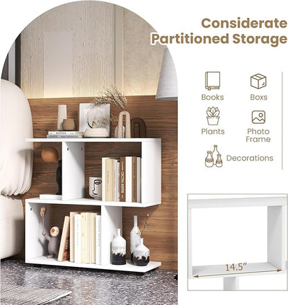 Tangkula 2 Tier Geometric Bookshelf, Freestanding Wood Display Shelf, Home Office Room Divider S Shaped Open Bookcase, Small Bookshelf for Small Spaces, Living Room, Study (White, 1)