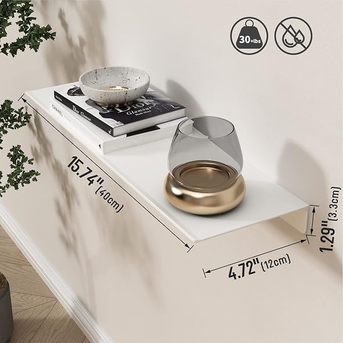 Danpoo White Floating Shelf for Wall Storage, Metal Wall Shelf for Living Room/Bathroom/Kitchen, Display Shelf for Collectibles, 16