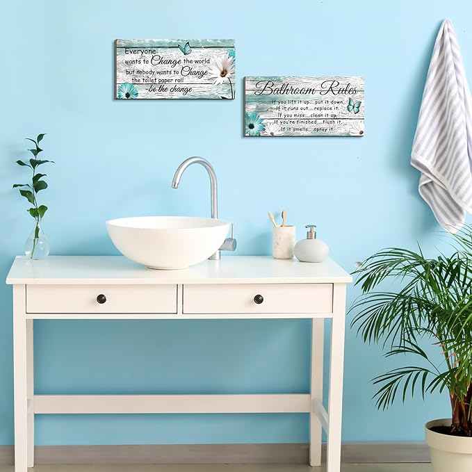 Jetec 2 Pieces Funny Bathroom Signs Bathroom Wall Decor Toilet Wall Accessories Farmhouse Toilet Rustic Wooden Signs, 12x6 Inch(Butterfly Style)