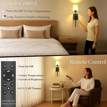 iThird Rechargeable Battery-Operated Wall Sconces Set of 2: Black Wireless Wall Lights with Touch and Remote, 6000mAh Battery Powered Scone Lighting Cordless Wall Lamp for Bedroom Living Room Hallway