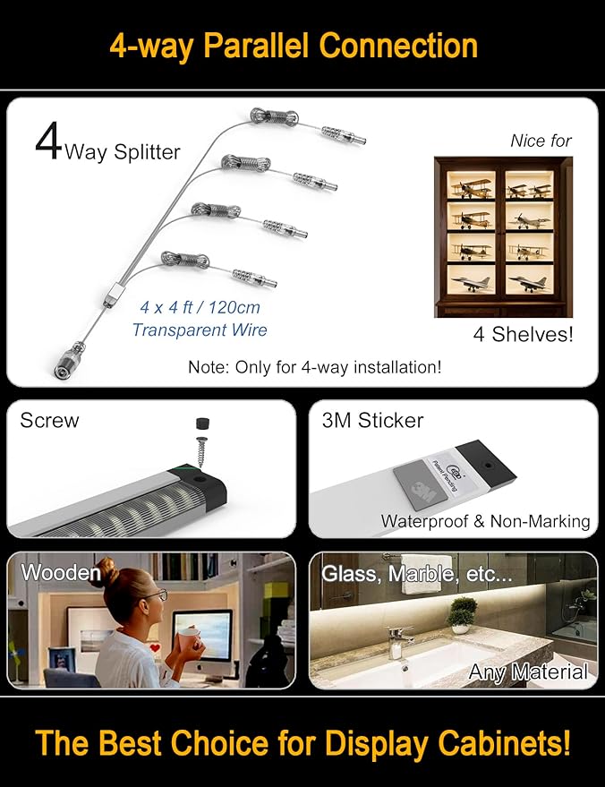 EBD LED Shelf Lights for Bookshelf 4-Way 48” Splitter Parallel Under Cabinet Lighting Built-in Adjustable Cable Kitchen Counter Lights Bar 8 Panels Bookcase Lights Energy 3600Lm 3000K Closet Light