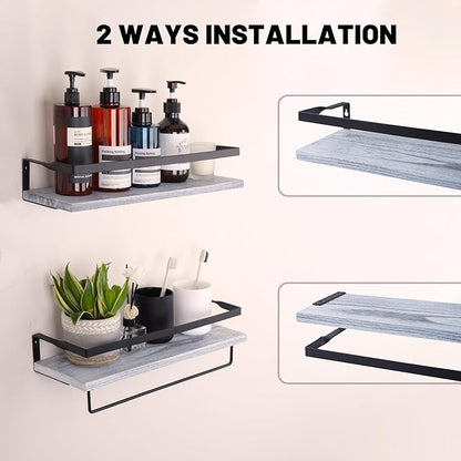 Elevon Floating Shelves for Bathroom Organizer Over Toilet, Bathroom Shelves Wall Mounted with Towel Rack, Corner Wall Shelf for Bedroom Decor Kitchen Storage (White, Set of 2)
