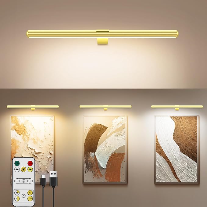 TINTINDOC 22'' Picture Light Gold for Painting with 3 Lighting,Rechargeable Wall Art Light for Painting Brightness Dimmable,Battery Display Accent Light for Picture Gallery Poster Frame Dartboard