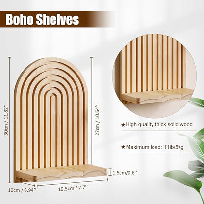 2 Pack Boho Wood Wall Hanging Shelf - Handmade Rainbow Arch Floating Shelves Trinket Storage Rack Modern Wall Decor for Bedroom Living Room Nursery Bathroom