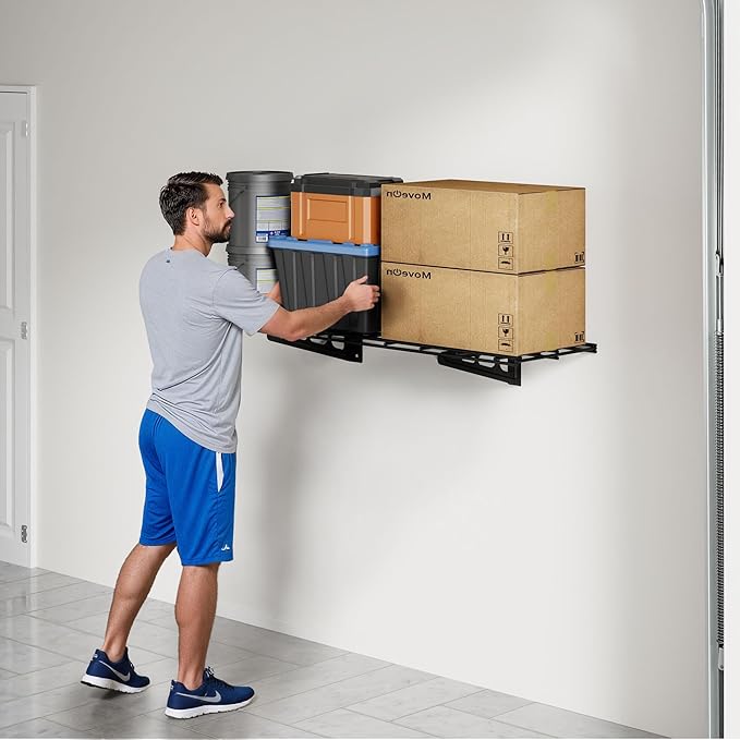 FLEXIMOUNTS 1x3ft Garage Shelving Wall-Mounted, 1-Pack Heavy-Duty Wall Shelving, Holds Up to 150 lbs, Garage Storage Rack for Organization & Storage Bins, Black, Classic Series