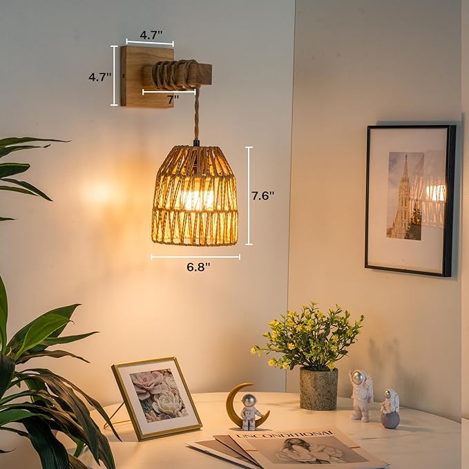 Rattan Wall Sconces Battery Operated, Boho Wall Sconce, Battery Operated Wall Sconce Set of Two, Rechargeable Woven Lantern Wireless Wall Light/Lamp for Bedroom Home Decor