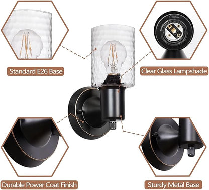 Wall Sconces Set of 2 - Matte Black Vanity Lights for Bathroom Modern Wall Light Fixtures with Rotary Switch - Wall Mount Light with Hammered Glass,Farmhouse Wall Lamp for Bedroom Mirror Living Room