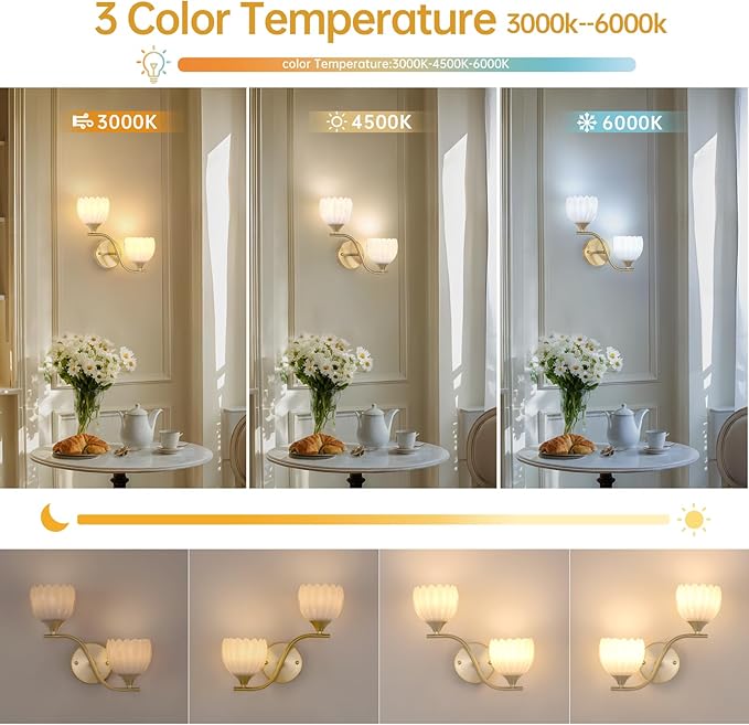 Battery Operated Wall Sconce, 2-Lights Vinatge Brass Wall Lighting with White Tluip Shade Rechargeable Bulb with Remote for Living Room, Bedroom，Symmetrical 2 Pack