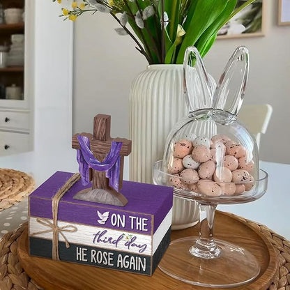 Geelin 4 Pcs Easter Lent Decorations for home, He Is Risen Wooden Sign Christian Tabletop with Cross and Scripture Theme for Table, Tiered Tray, Desk, Shelf, Faith Spring Decor