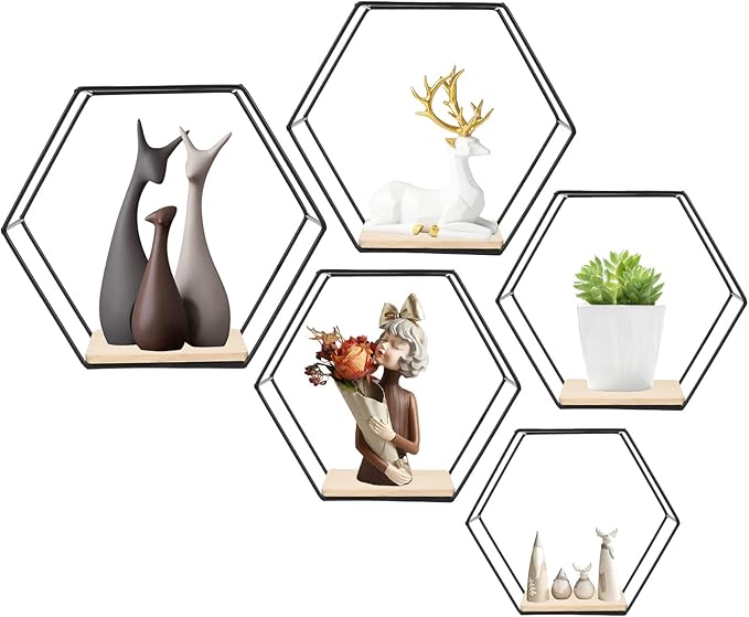 Wall Mounted Hexagonal Floating Shelves Black Set of 5 in Different Sizes, Modern Metal Shelf, Simple Wood Partition Storage Shelves, Decor Rack for Bedroom, Living Room, Kitchen and Office