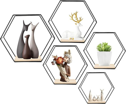 Wall Mounted Hexagonal Floating Shelves Black Set of 5 in Different Sizes, Modern Metal Shelf, Simple Wood Partition Storage Shelves, Decor Rack for Bedroom, Living Room, Kitchen and Office