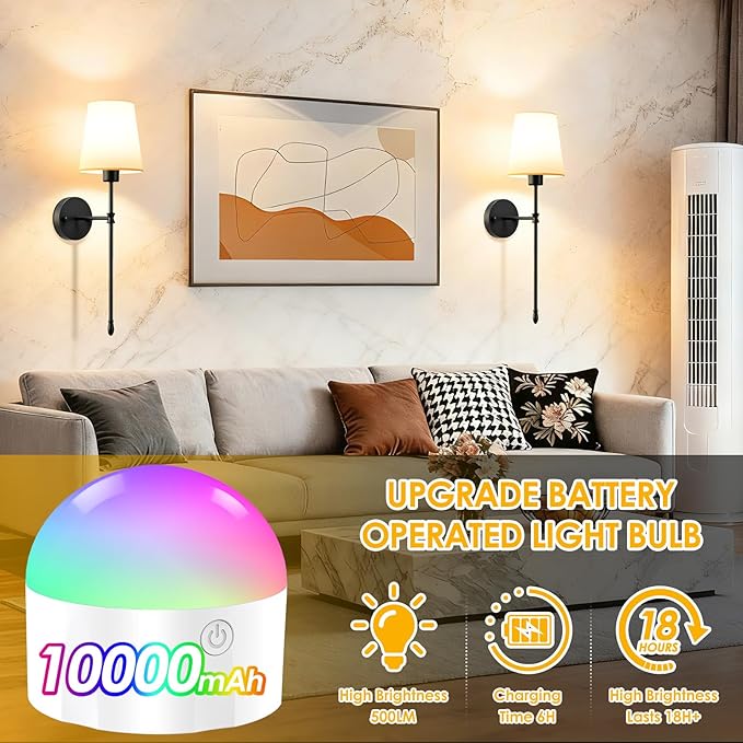 OCATO Battery Operated Wall Sconce: 10000mAh Wireless Wall Sconces Set of Two Rechargeable Lamp Dimmable Magnetic Lights with 7 RGB Colors and Remote Walls Decor for Bedroom Living Room Hallway