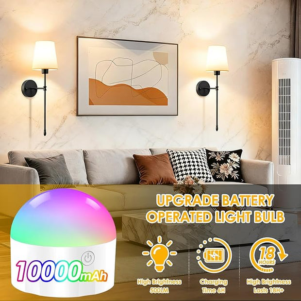OCATO Battery Operated Wall Sconce: 10000mAh Wireless Wall Sconces Set of Two Rechargeable Lamp Dimmable Magnetic Lights with 7 RGB Colors and Remote Walls Decor for Bedroom Living Room Hallway