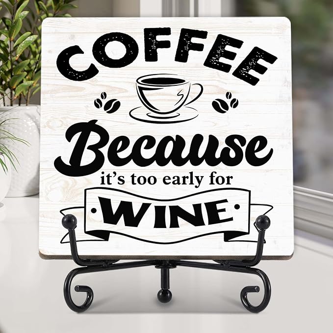 Coffee Bar Decor, Farmhouse Kitchen Table Decor, Coffee Station Accessories, Wooden Decorative Sign with Iron Stand for Table Desk Shelf Display-E19