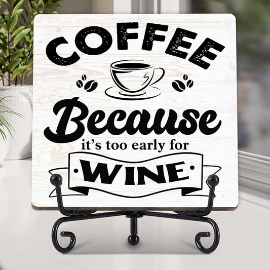 Coffee Bar Decor, Farmhouse Kitchen Table Decor, Coffee Station Accessories, Wooden Decorative Sign with Iron Stand for Table Desk Shelf Display-E19