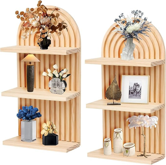 2 Pieces Boho Wall Shelf,3 Tier Bohemian Floating Shelves, Arch Wooden Mid Century Shelves Decorative Rainbow Hanging Shelves,Wall Mounted Wood ArchWall Decor for Living Room Display (01)