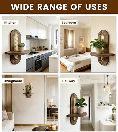 Wooden Arched Floating Shelf, Natural Wood Shelves, Boho Rattan Wall-Mounted Shelf for Bedroom, Living Room, Bathroom, Nursery and Home Office, Decorative Book and Plant Display