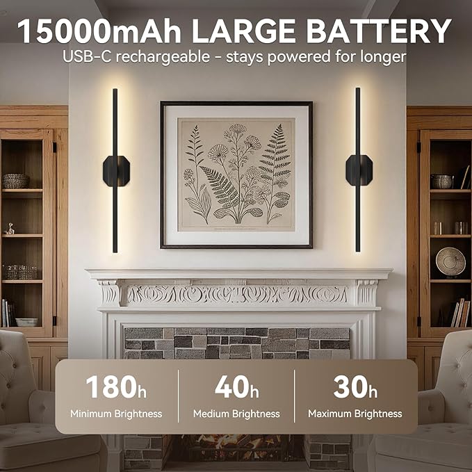 Battery Operated Wall Sconce Set of Two,Wireless Wall Sconces USB Rechargeable Wall Lights with Remote Control,3000K-6000K Dimmable for Bedroom,Background Wall,Living Room,Hallway,Wall Decor,28inch
