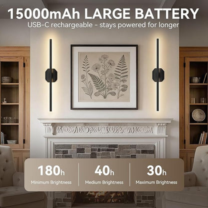 Battery Operated Wall Sconce Set of Two,Wireless Wall Sconces USB Rechargeable Wall Lights with Remote Control,3000K-6000K Dimmable for Bedroom,Background Wall,Living Room,Hallway,Wall Decor,28inch