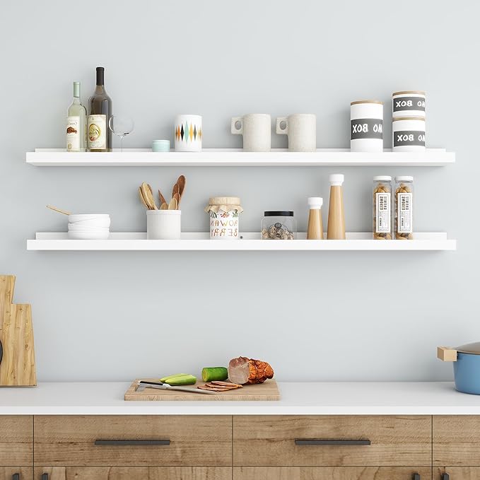 Picture Ledge Shelf, Floating Shelves Set of 2, Solid Ash Wood 48'' Long Large Nursery Book Shelves for Toys Storage, Kids Bookshelf for Living Room Bedroom Decor Books Photo Frames, White