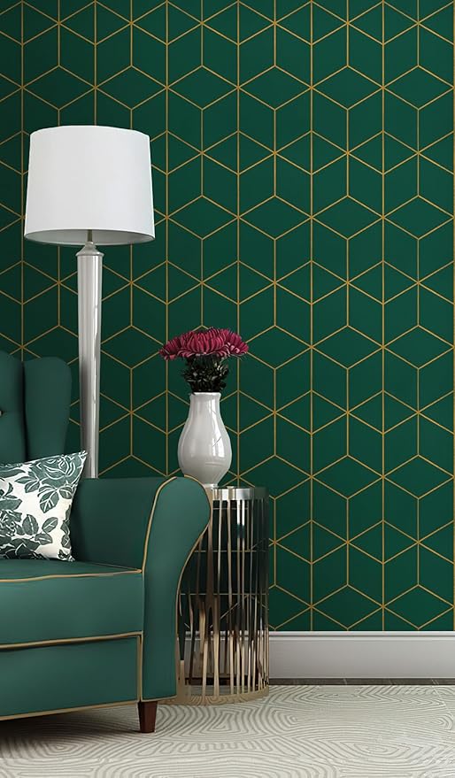 Safiyya Peel and Stick Wallpaper Gold and Dark Green Wallpaper Geometric Contact Paper Textured Self Adhesive Removable Wall Paper for Walls Vinyl Roll 393