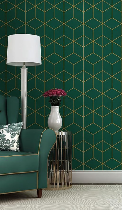 Safiyya Peel and Stick Wallpaper Gold and Dark Green Wallpaper Geometric Contact Paper Textured Self Adhesive Removable Wall Paper for Walls Vinyl Roll 393"x17.3"