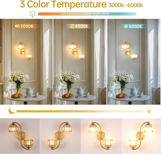 Battery Operated Wall Sconce, 2-Lights Vinatge Brass Wall Lighting Up and Down with Amber Tulip Shade for Living Room, Bedroom, Symmetrical 2 Pack