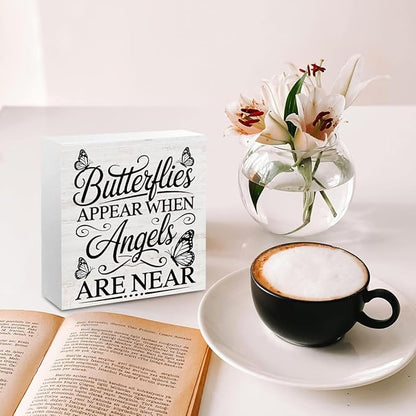 Rustic Religious Sympathy Quote Wood Box Sign Butterflies Appear When Angels are Near Wooden Box Sign Home Desk Shelf Decor Christmas Birthday Gifts for Women Friends Family