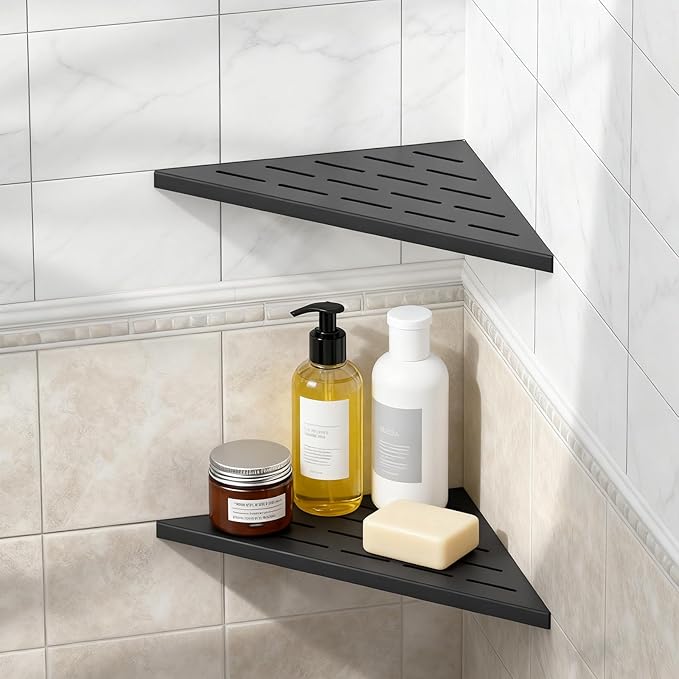 BWE 10" Shower Corner Shelf, 304 Stainless Steel Shower Shelves, Slot Design Corner Shower Shelf, Recessed Bathroom Storage Organizer for Tiled Wall,No Drilling Need, Matte Black 2 Pack