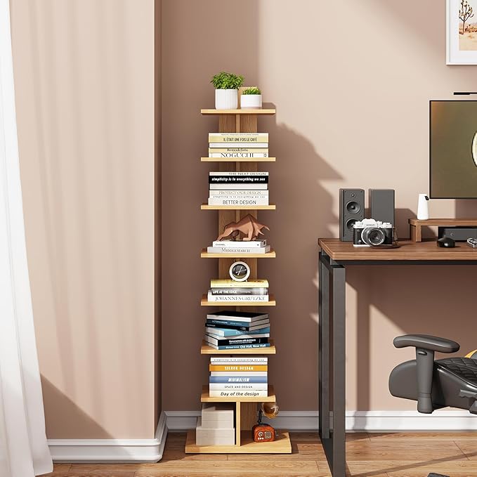 TUTOTAK Narrow Bookshelf, 8-Tier Bookcase, Spine Book Shelf for Small Space, Corner Standing Shelf for Living Room, Office, Study, Entryway, Natural BS06BN008