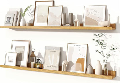 Fun Memories Picture Ledge Shelves Set of 2, 48 Inch Rustic Wall Mounted Floating Shelves with Lip for Home Storage and Décor in Bathroom, Kitchen, Nursery, Bedroom, Living Room, Oak