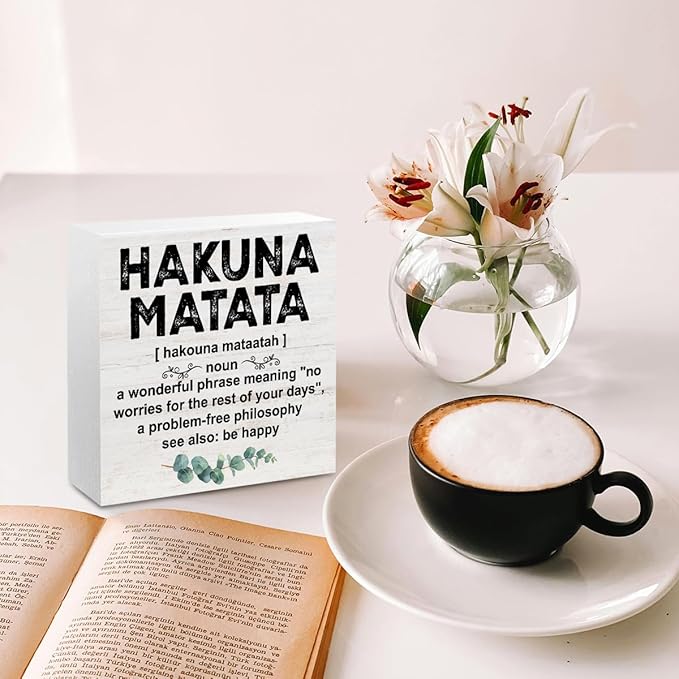 Motivational Gifts for Women Men, Inspirational Hakuna Matata Definition Wood Box Sign Desk Decor, Eucalyptus leaves Wooden Box Decorative Signs for Home Office Living Room Table Shelf Cubicle
