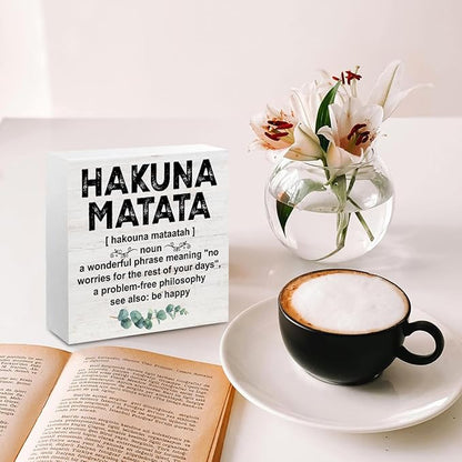 Motivational Gifts for Women Men, Inspirational Hakuna Matata Definition Wood Box Sign Desk Decor, Eucalyptus leaves Wooden Box Decorative Signs for Home Office Living Room Table Shelf Cubicle