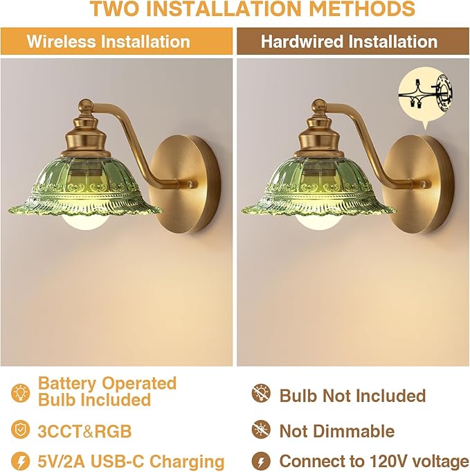 Redluck Battery Operated Wall Sconce with Remote Control, Vintage Green Glass Wireless Wall sconces Set of Two, Rechargeable Battery Powered Wall Lamp for Bedside Bedroom Living Room Hallway Decor